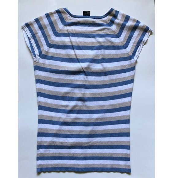 Rampage, Blue, White & Tan Stripe, stretchy, short/cap sleeve top, Size Medium - Picture 2 of 5